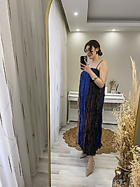 Elena Saten Lacivert Geçişli Elbise