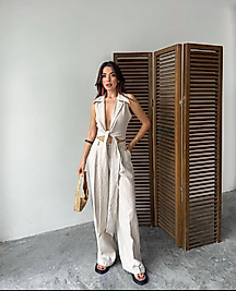 Dreas Keten Taş Rengi Bağlamalı Takım