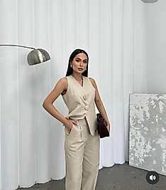 Maris Natural Gold Düğmeli Keten Yelekli Takım