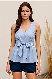 Mavi Bağlamalı Kolsuz Bluz