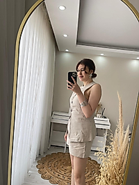 Ivay Taş Rengi Düğme Detaylı Keten Takım